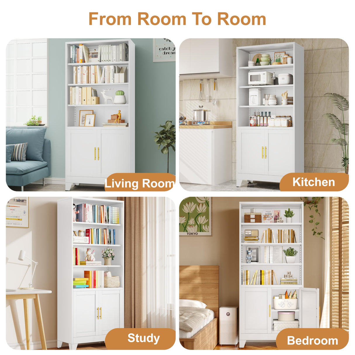 pozdeg 71" Metal Bookcases and Bookshelves with 2 Doors and 4 Adjustable Shelves, Tall White Storage Cabinet Industrial Modern Open Display Book Shelf for Living Room, Bedroom, Office (White) pozdeg