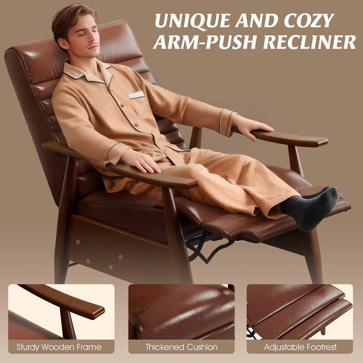 WYPIIITS Leather Recliner Chair, Mid Century Push Back Accent Chair, Comfortable Living Room Chair with Solid Wood Frame, High Back Lounge Chair for Reading and Relaxing (Brown, 1-Pack) WYPIIITS