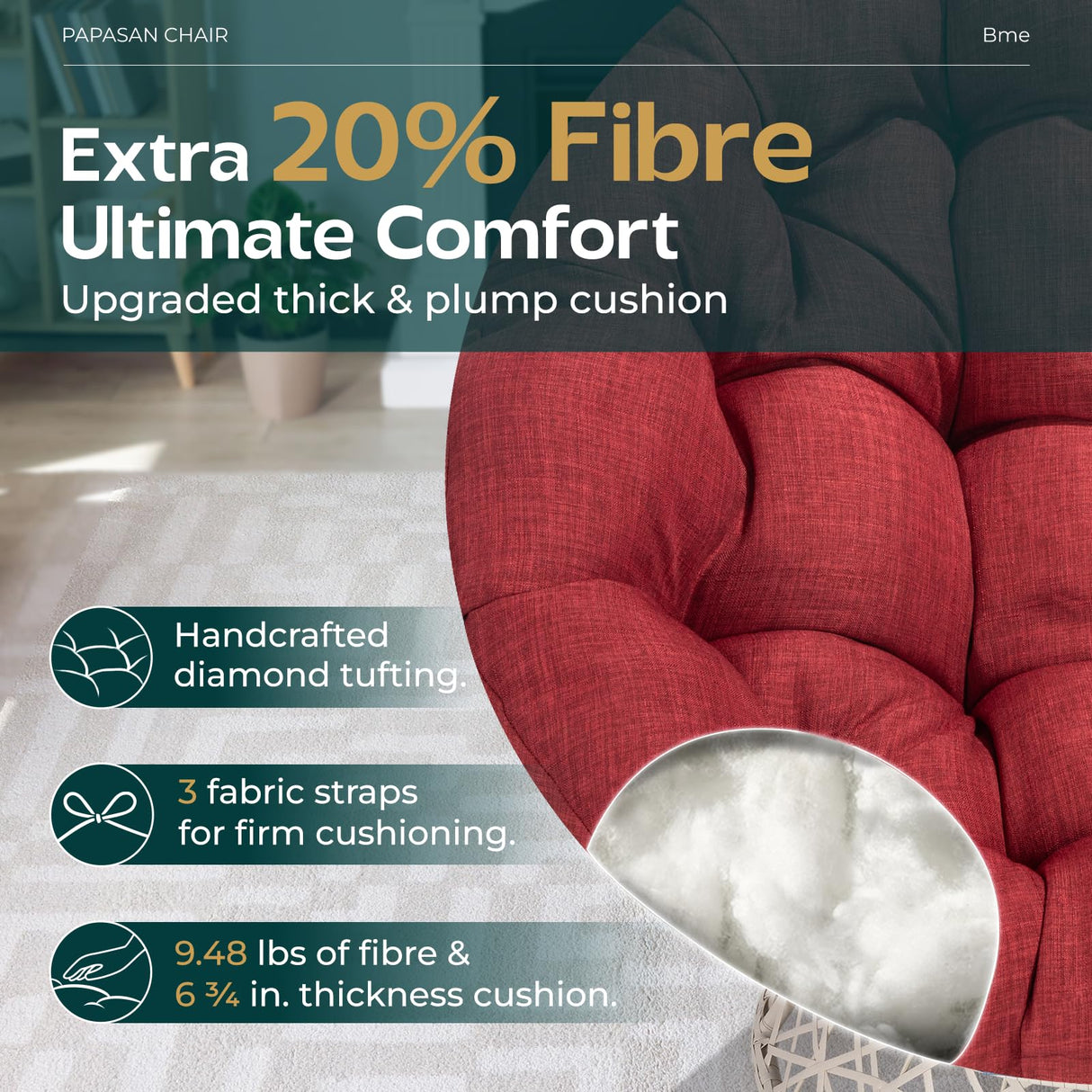 Bme 40" Ergonomic Wicker Papasan Chair with Soft Thick Density Fabric Cushion, High Capacity Steel Frame, 360 Degree Swivel for Living, Bedroom, Reading Room, Lounge, Cherry Sangria - White Base Bme