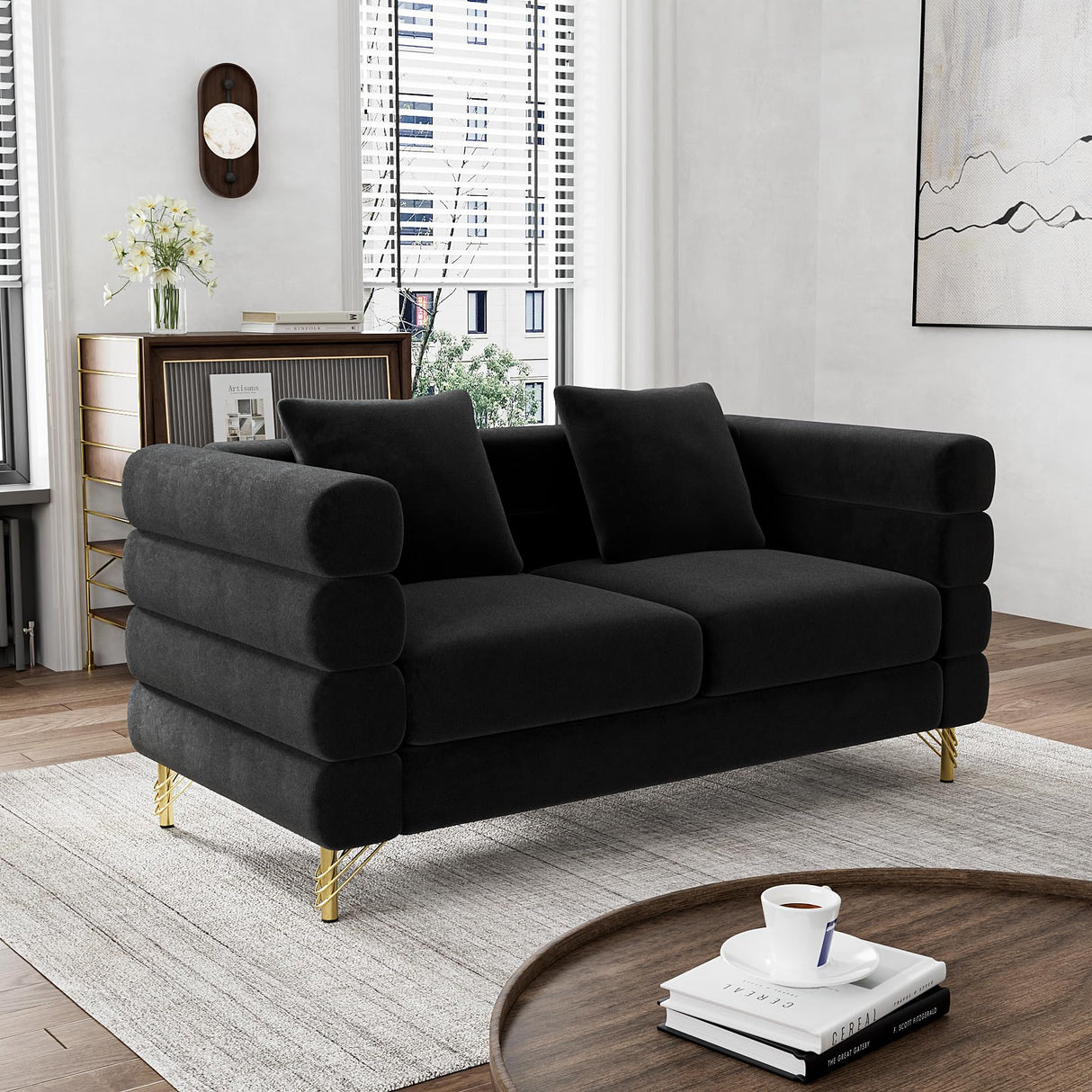 OUYESSIR Cloud Sofa Couch for Living Room, 59" Comfy Deep Seat Velvet Loveseat Sofa with 2 Pillows and Gold Legs, Modern Upholstered 2 Seater Love Seat for Bedroom Office, Dark Black Velvet OUYESSIR
