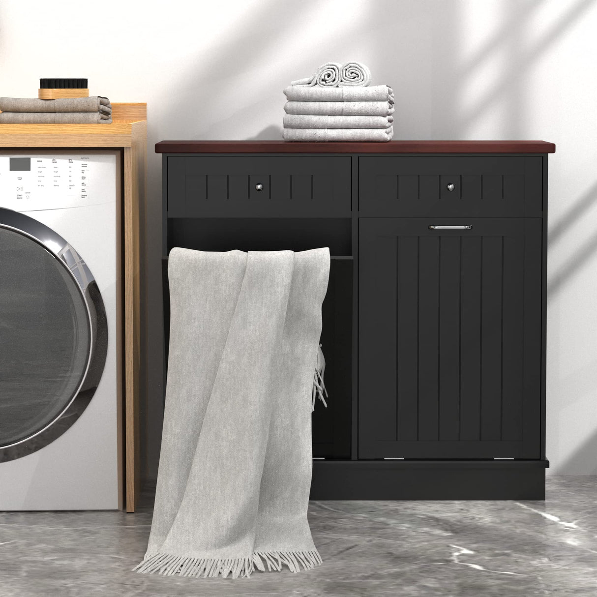 TOLEAD Double Tilt Out Trash Cabinet 20 Gallon,Antique-Style Beadboard Trash Can Cabinet Kitchen with Solid Wood Tabletop & Drawer, Pet Proof Trash Can, Wood Laundry Cabinet TOLEAD