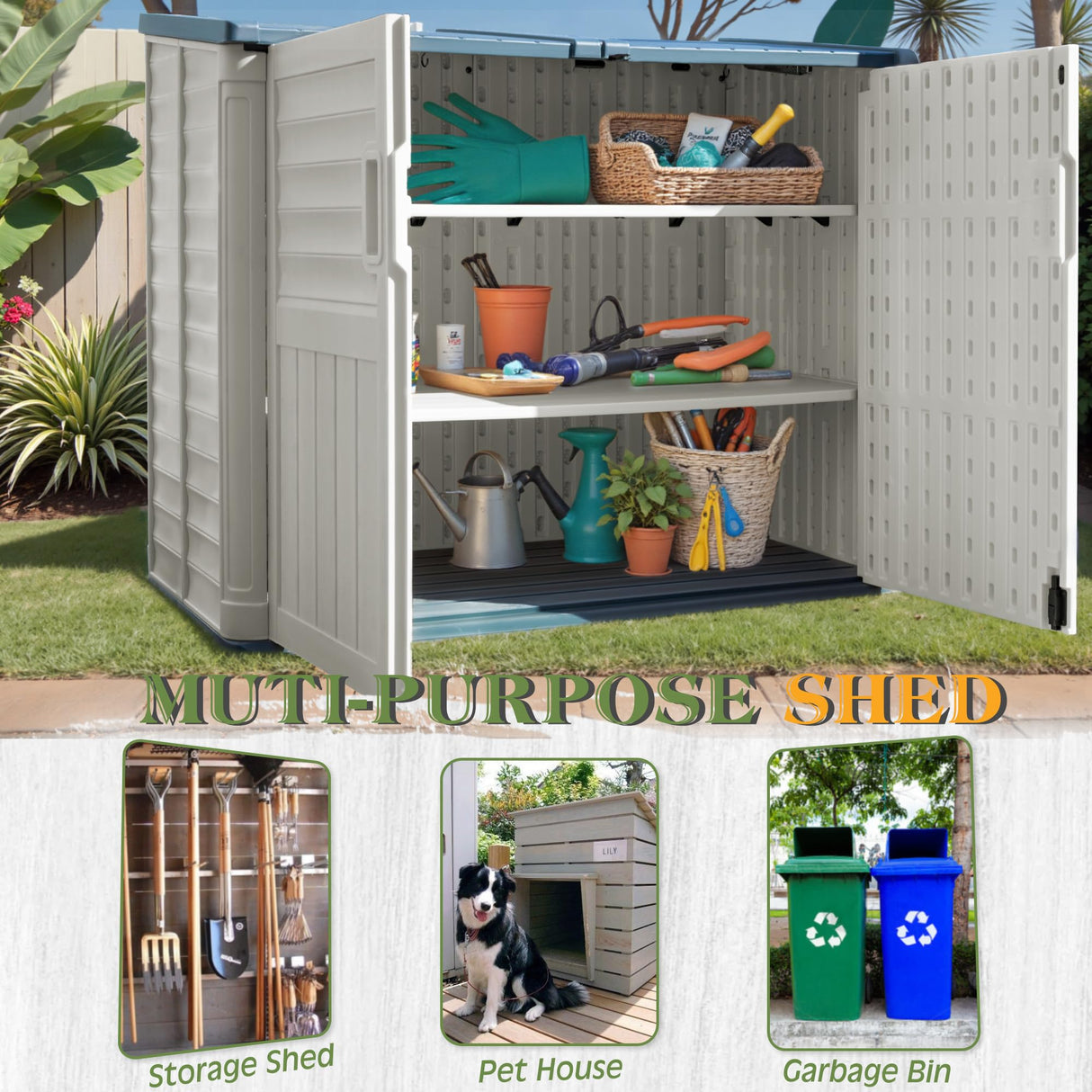 Greesum Outdoor Resin Storage Shed, 34 Cu.ft Horizontal Outdoor Storage Box Waterproof for Garden, Pool Storage, White Greesum