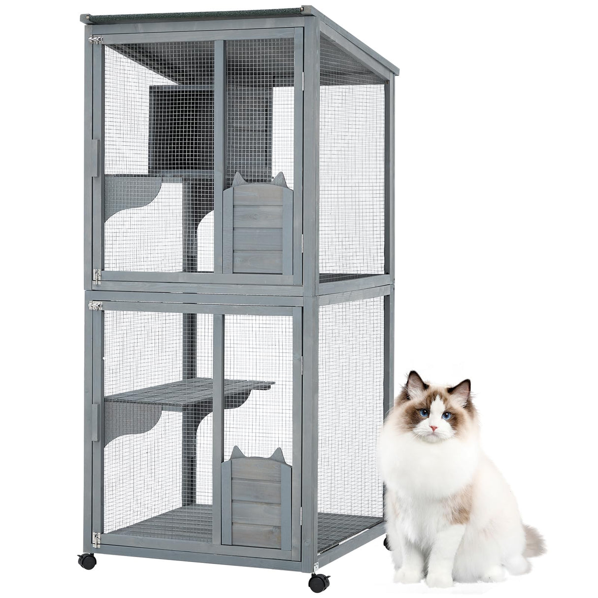 GarveeLife Large 2-Tier Outdoor Cat House, Small Animal Enclosure with 2 Lockable Doors, Catio with Waterproof Cover and Sunshine Panel Roof, Portable Kitty House with Resting Boxes & Fixable Wheels GarveeLife