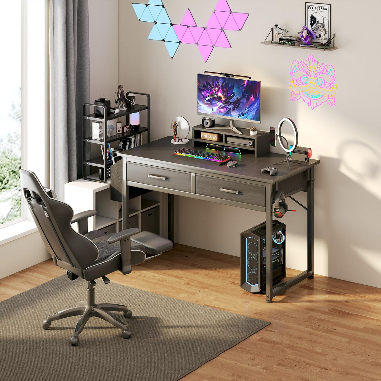 DLisiting Computer Desk with Fabric Drawers for Home Office Bedroom, 40 Inch Small Gaming Desk with 2 Drawers, Study Writing Table PC Desks, Black DLisiting