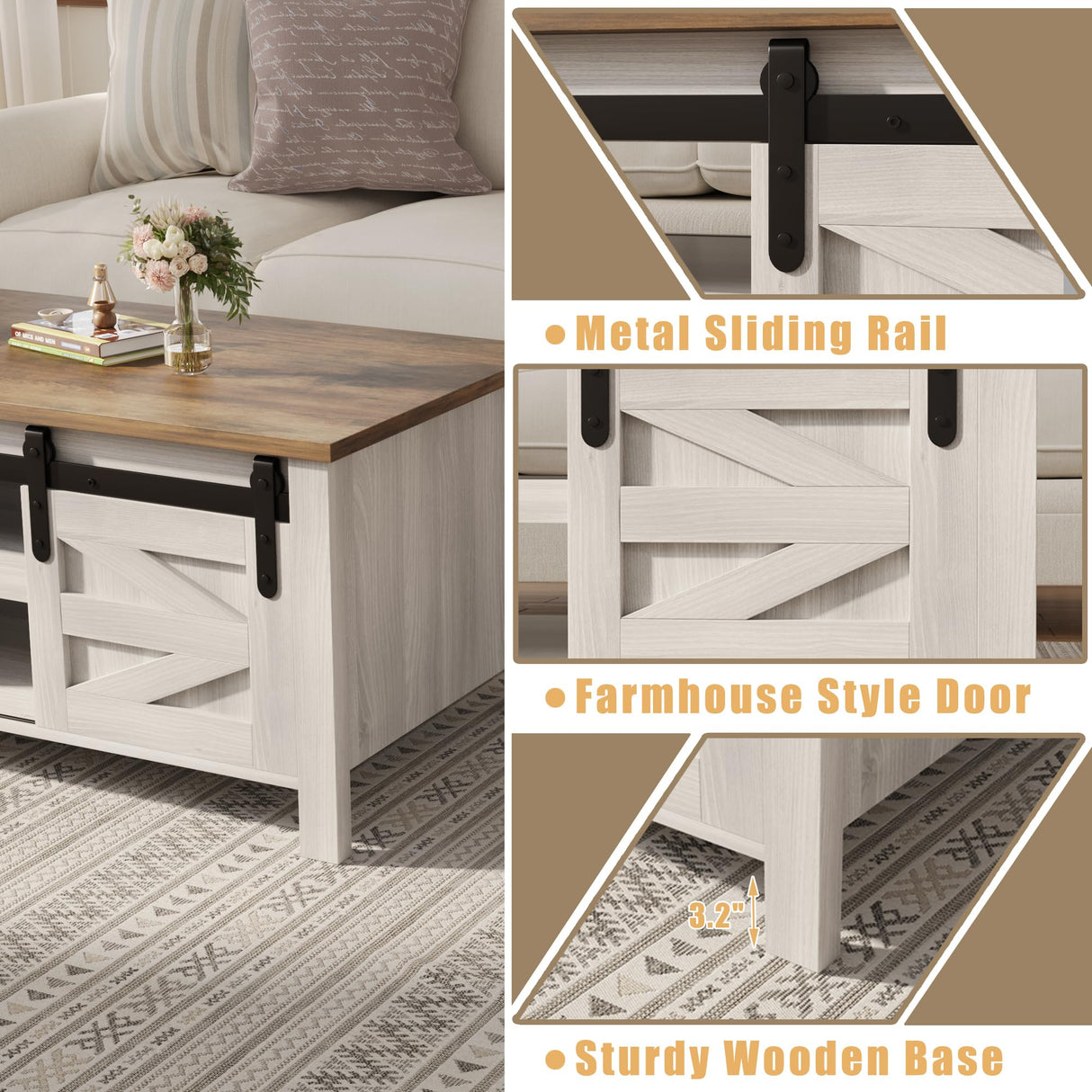 Furmax Coffee Table with Storage and Sliding Barn Doors, Farmhouse Living Room Table with Adjustable Shelves, Wood Rustic Center Table for Home Living Meeting Room (Antique White) Furmax