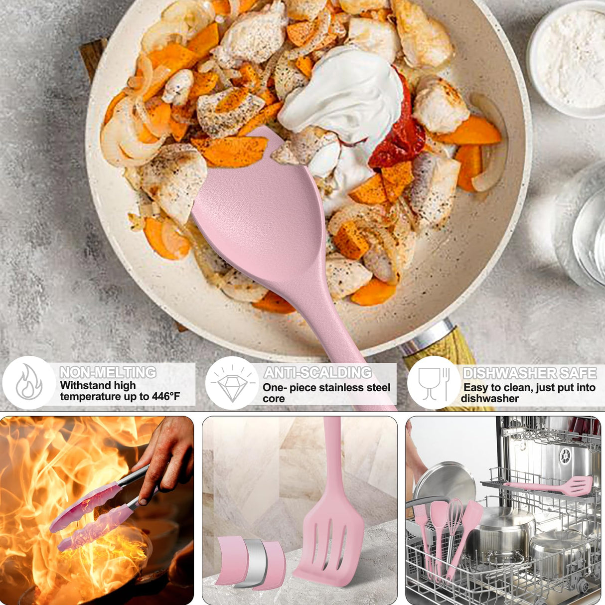 Umite Chef 22Pcs Silicone Cooking Utensils Set, Heat Resistant Silicone Kitchen Spatulas Set with Holder, Cooking Gadgets Tools Set for Nonstick Cookware, Dishwasher Safe(Pink) Umite Chef