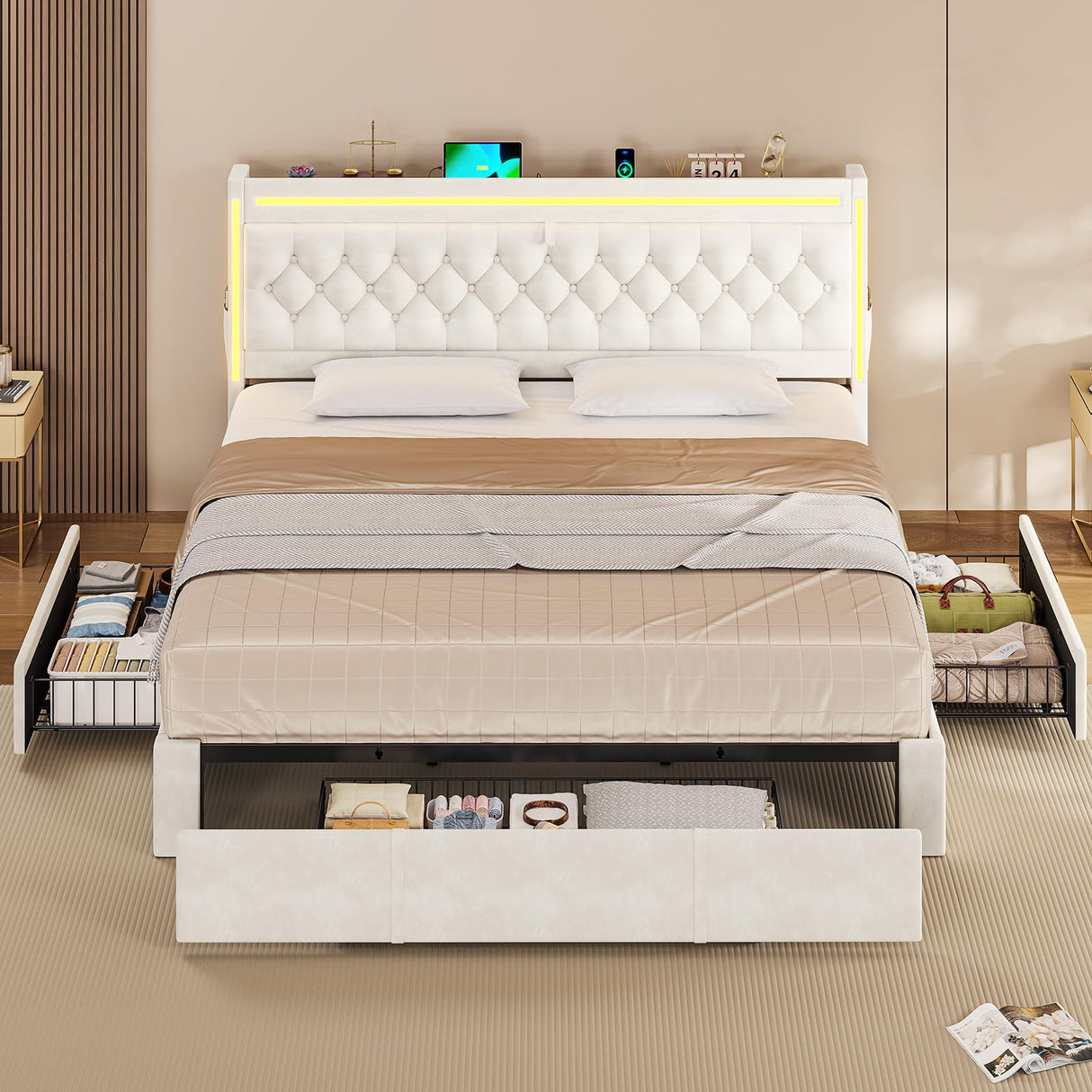 BTHFST Upholstered LED Bed Frame King Size with 3 Storage Drawers, Hidden Storage Headboard with Charging Station, Velvet Button Tufted Headboard Platform Bed, Beige BTHFST