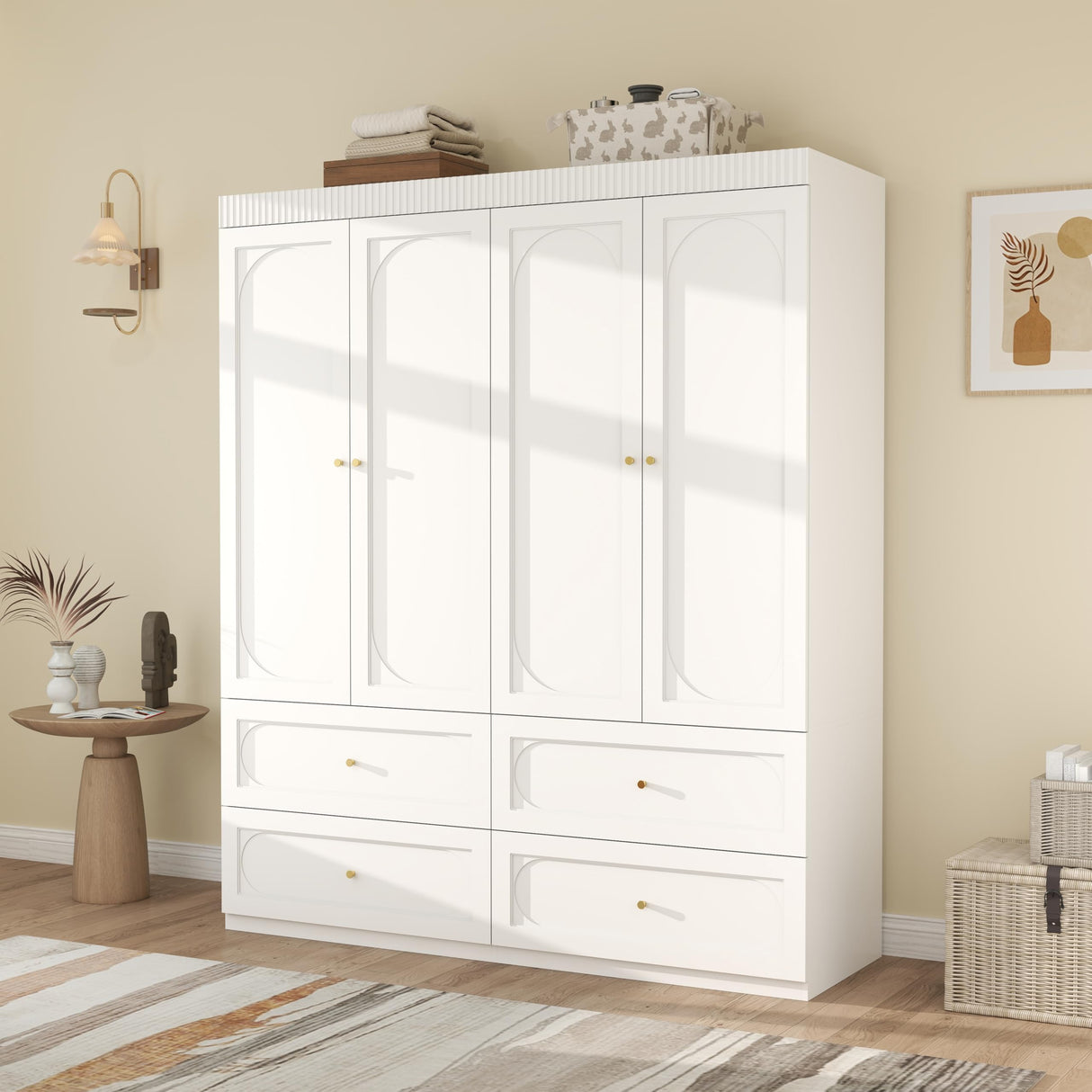 Mhsatyrs White Armoire Wardrobe Closet: 74" Tall Wardrobe Closet with 4 Doors, Wood Large Armoire with 4 Drawers, Modern Bedroom Armoires with Hanging Rod (White) Mhsatyrs