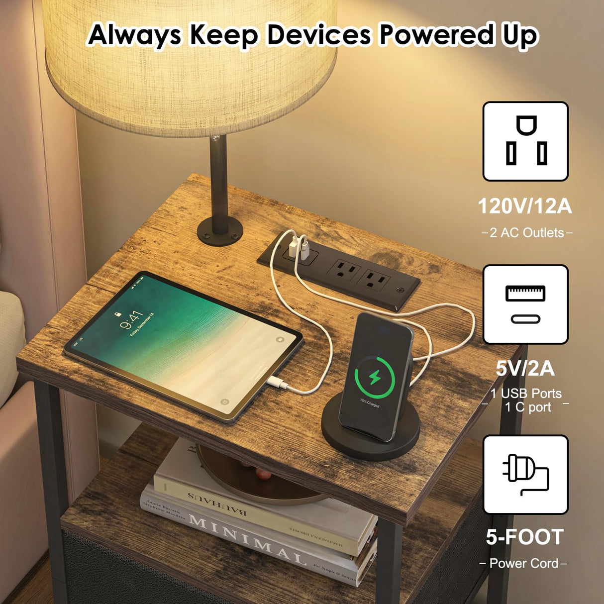 Fixwal Nightstand with LED Lights Bedside Table with 3 Color Temperatures Bulb, Tall NightStand with Charging Station End Table with Adjustable Fabric Drawer for Bedroom Dorm Fixwal