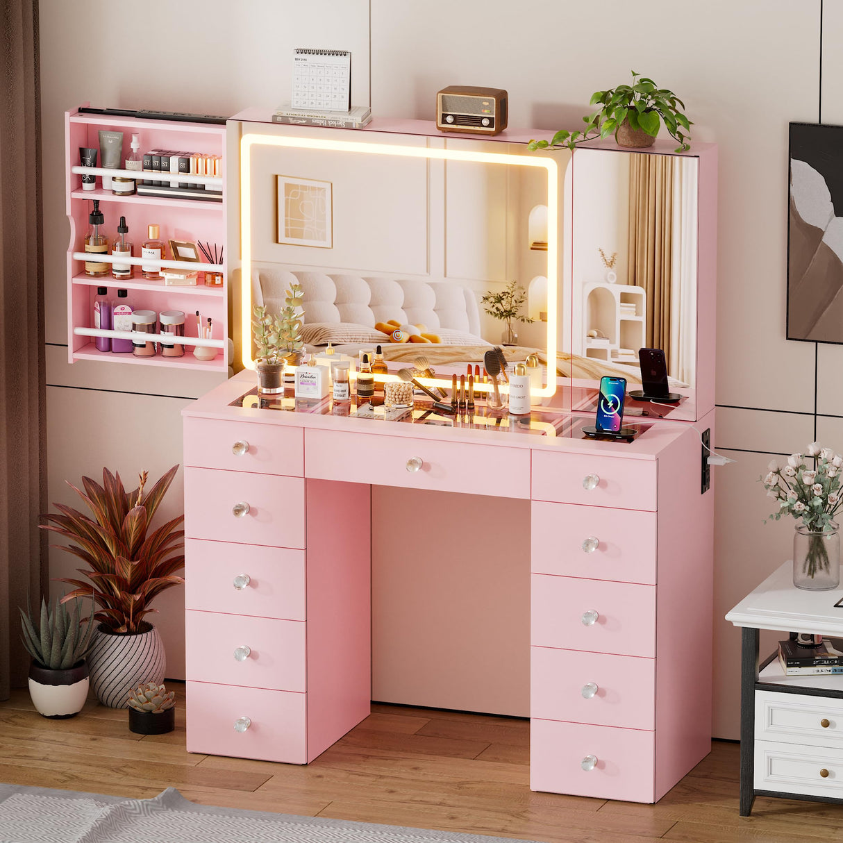 SDMY 46" Makeup Vanity with Large LED Mirror, Glass Tabletop Vanity Desk, 11 Storage Drawers, Hidden Storage Behind Mirror, Charging Station, Bedroom Vanity with Mirrored Cabinet (Pink) SDMY