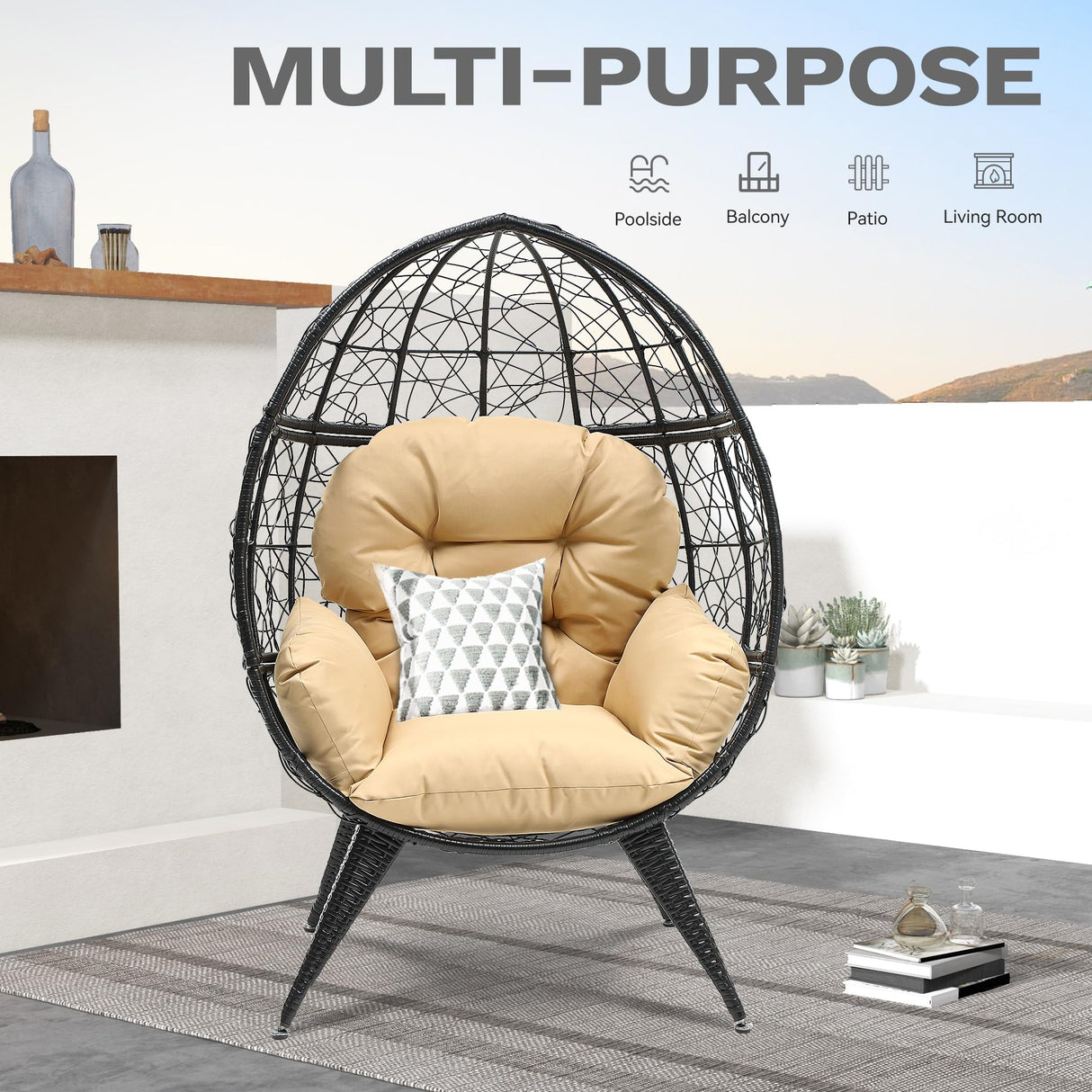DWVO Egg Chair Patio Rattan Chair with Stand Anti-Slip All-Weather Poratble Adjustable Chair Feet Wicker Egg Lounger Chair for Indoor Outdoor 330LBS (Beige) DWVO
