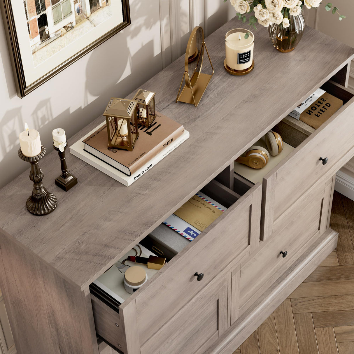 FOTOSOK 6 Drawer Dresser, Modern Dresser Double Dresser 6 Drawer Chest with Deep Drawers, Wide Storage Organizer Drawer Cabinet for Living Room Home, Ash Grey FOTOSOK