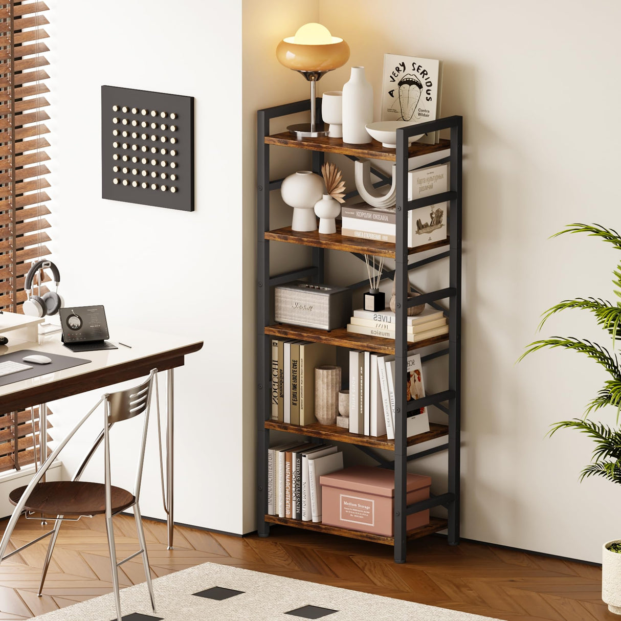 Organization and Storage, 5 Tier Bookshelf, Tall Bookcase with Shelves, Wood and Metal Book Shelf Storage Organizer, Industrial Display Standing Shelf Unit for Bedroom, Living Room, Rustic Brown Homeiju
