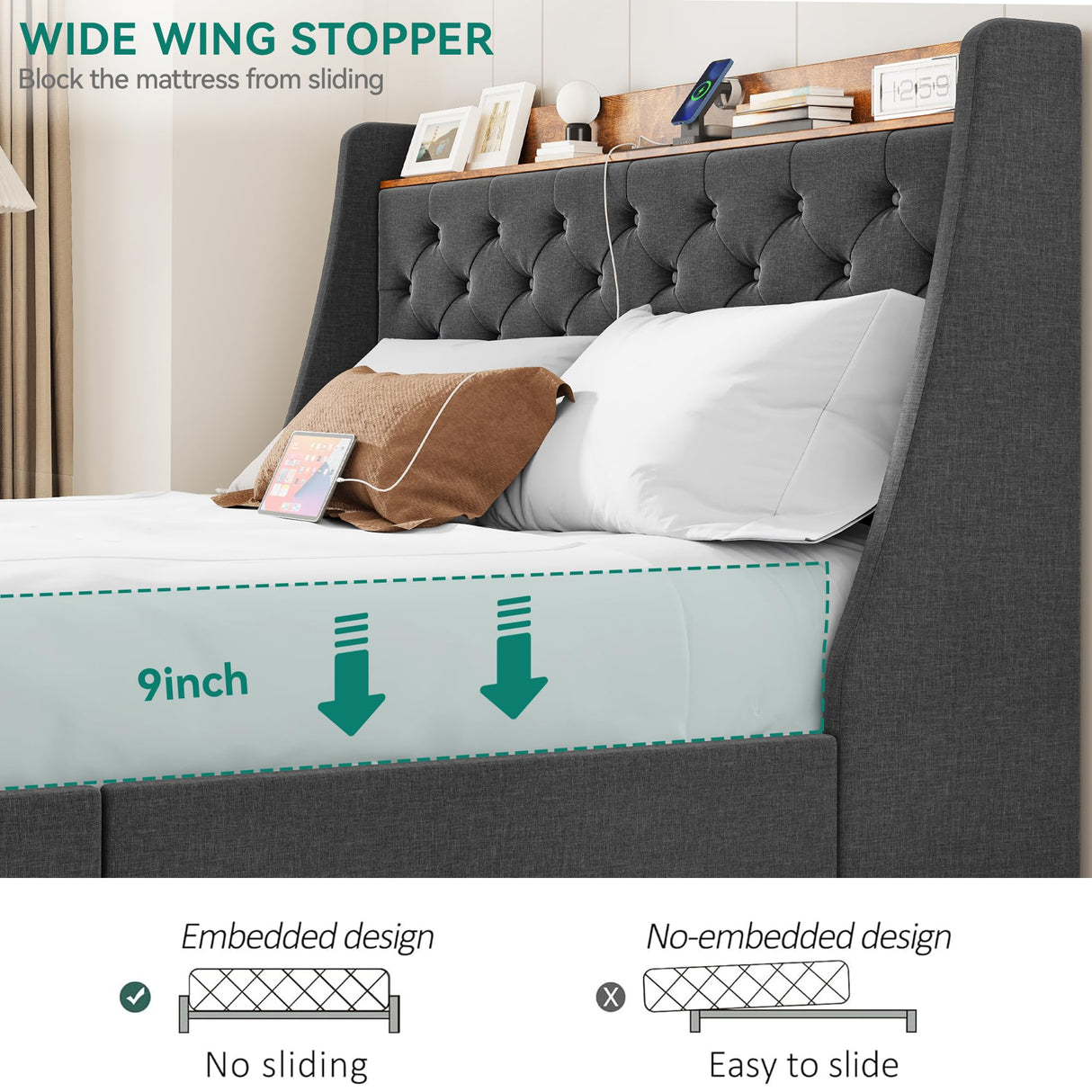 YITAHOME Queen Upholstered Platform Bed Frame with Wingback Headboard and 4 Storage Drawers, Built-in Outlets and USB Ports, Sturdy Wood Slats, No Box Spring Needed - Gray YITAHOME