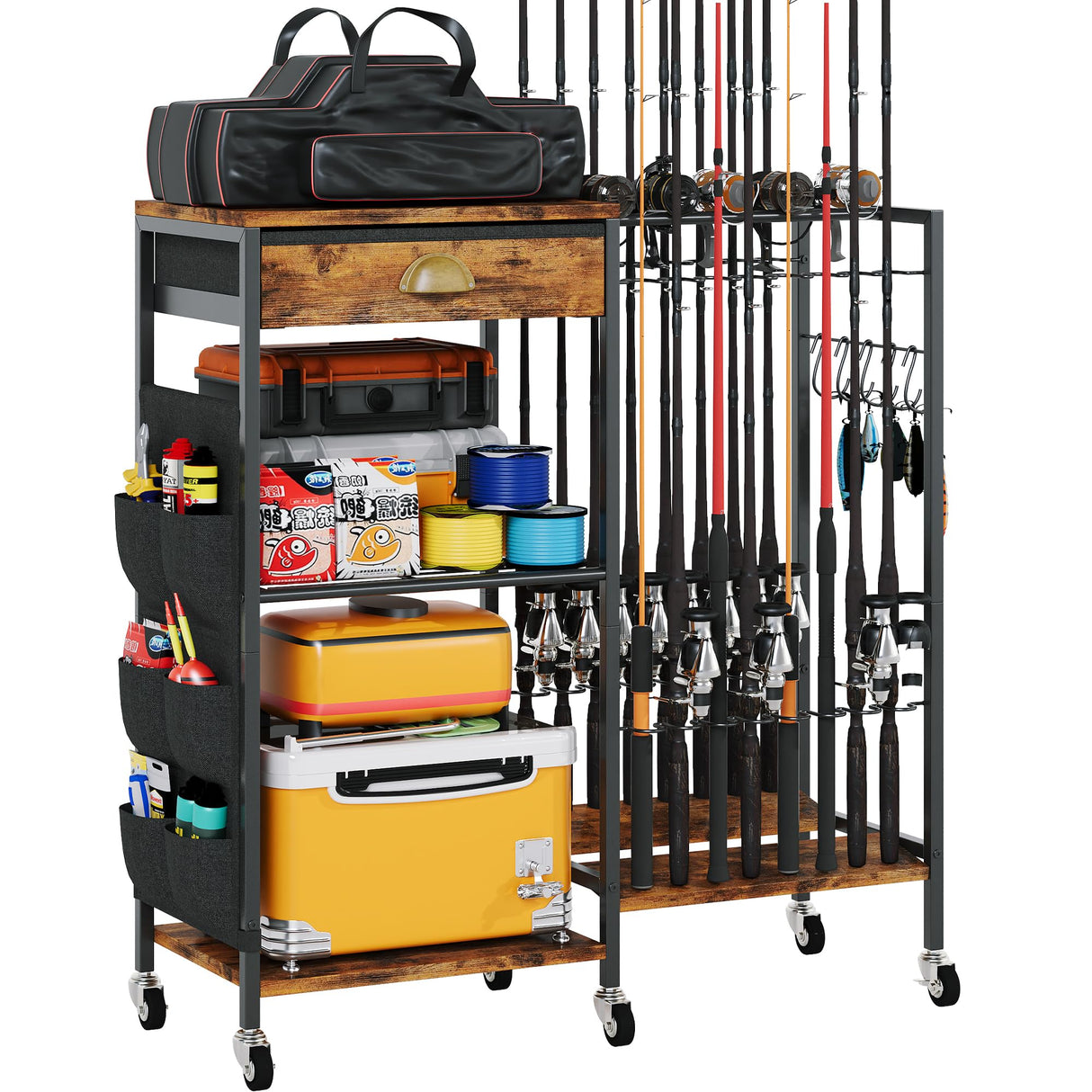 Homeiju Fishing Rod Holder, Fishing Pole Holders for Garage Boat Fishing Gear Storage with Drawer and Wheels, Holds 16 fishing rods for Home Entryway Corner,Rustic Brown Homeiju