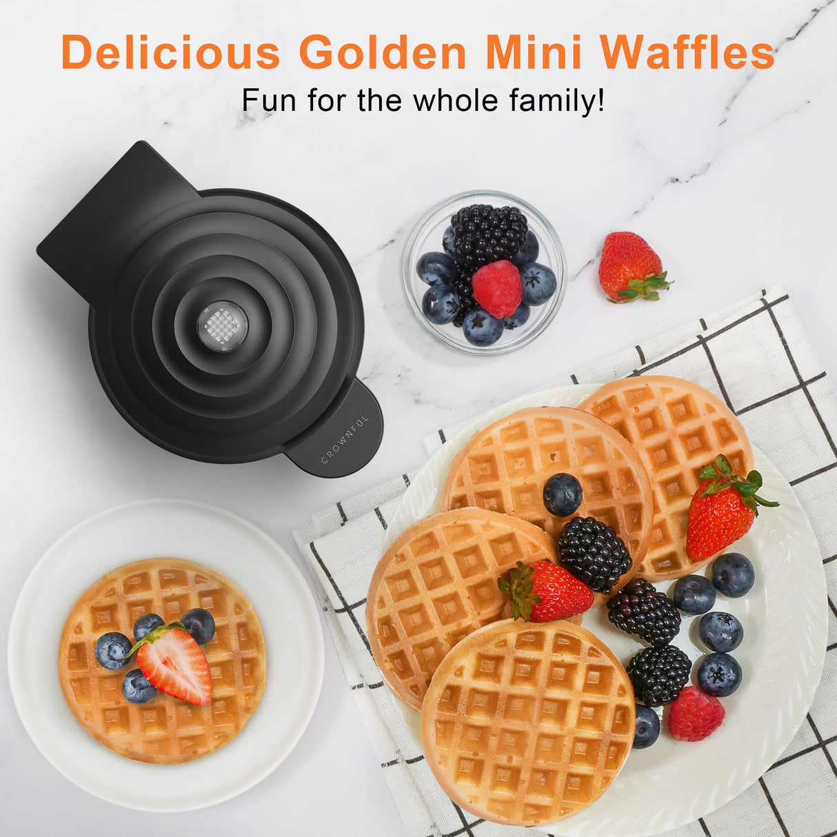 Crownful Mini Waffle Maker Machine, 4 Inch Chaffle Maker with Compact Design, Easy to Clean, Non-Stick Surface, Recipe Guide Included, Perfect for Breakfast, Dessert, Sandwich, or Other Snacks CROWNFUL