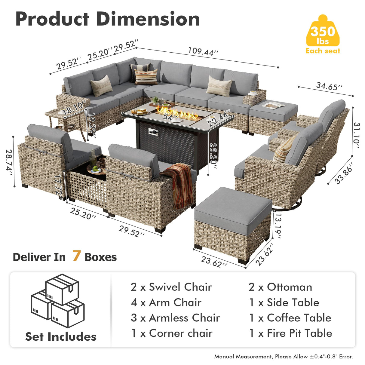 HOOOWOOO Outdoor Sectional Patio Furniture Set with Fire Pit Table,15 Pieces Wicker Conversation Sets L Shaped Couch,Extra Deep Out Door Sofa Outside Furniture with Swivel Chairs Ottoman,Charcoal Gray HOOOWOOO