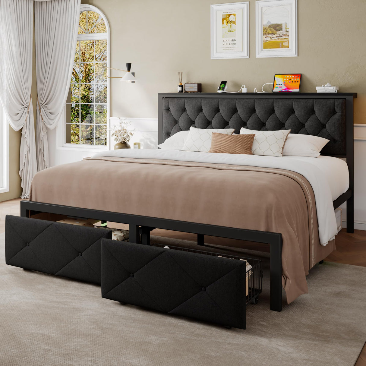 Einhomn King Size Bed Frame with 2 Storage Drawers, Metal Platform Bed with Charging Station, Upholstered Button Tufted Storage Headboard, No Box Spring Needed, Noise-Free, Easy Assembly, Black Einhomn