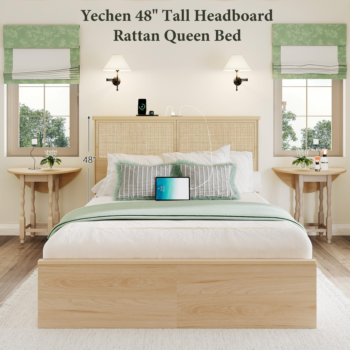 Yechen Natural Rattan Queen Bed with 10 Storage Drawers and Wide Storage Headboard, 48" Tall Boho Wooden Bed Frame Steel Stand and Charging Station, Sturdy Bamboo Bed, No Box Spring Needed/Noise Free Yechen