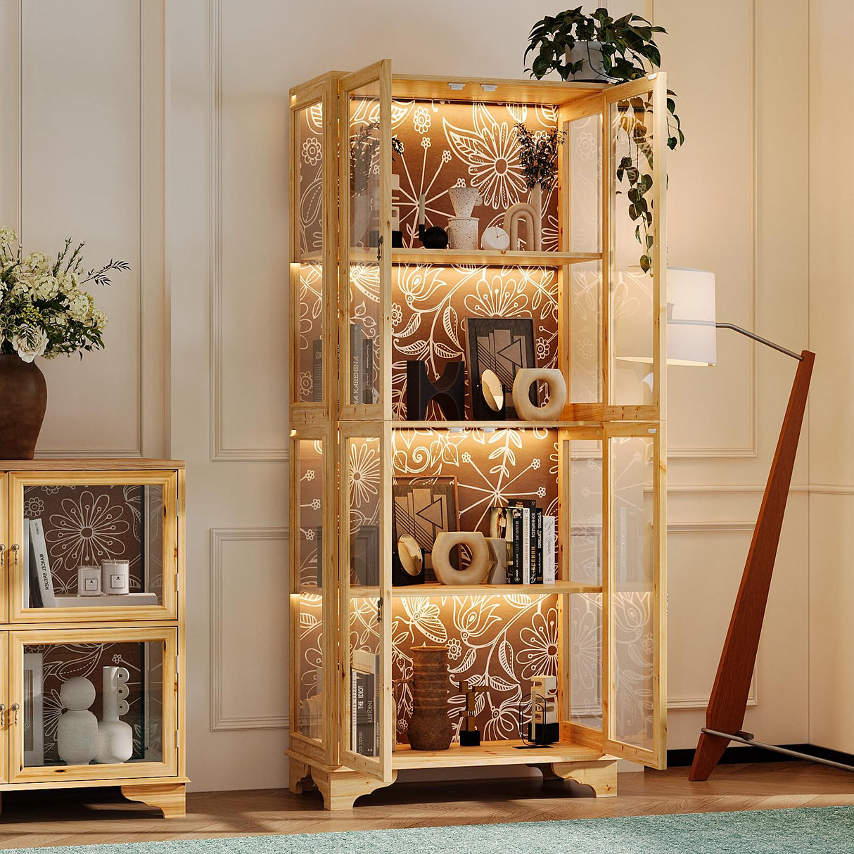 Hitow Glass Curio Cabinet Display Case with LED Light & 4 Doors, 4-Tier Flower-Patterned Glass Showcase Display Cabinet, 74.2" H Bookshelves and Bookcases for Living Room, Wood Grain Hitow