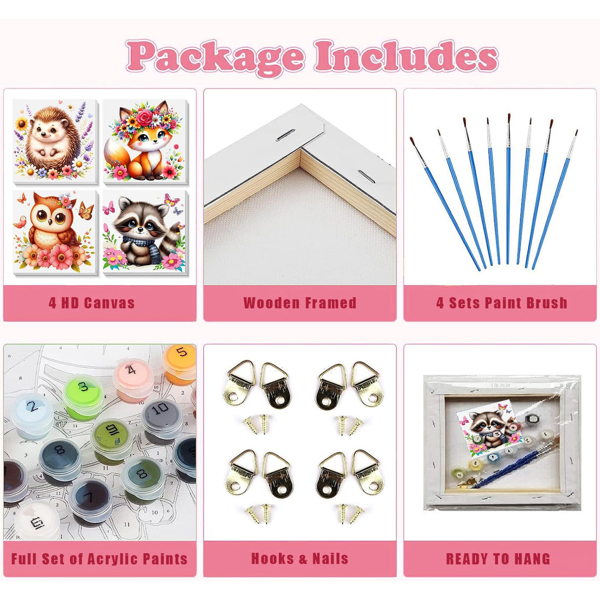 4 Pack Animal Paint by Number for Kids with Wooden Frame, Paint by Numbers for Kids Animals Ages 4-8-12, Easy Owl Fox Hedgehog Raccoon DIY Acrylic Oil Painting Kits for Home Wall Decor (8X8 inch) xackcme