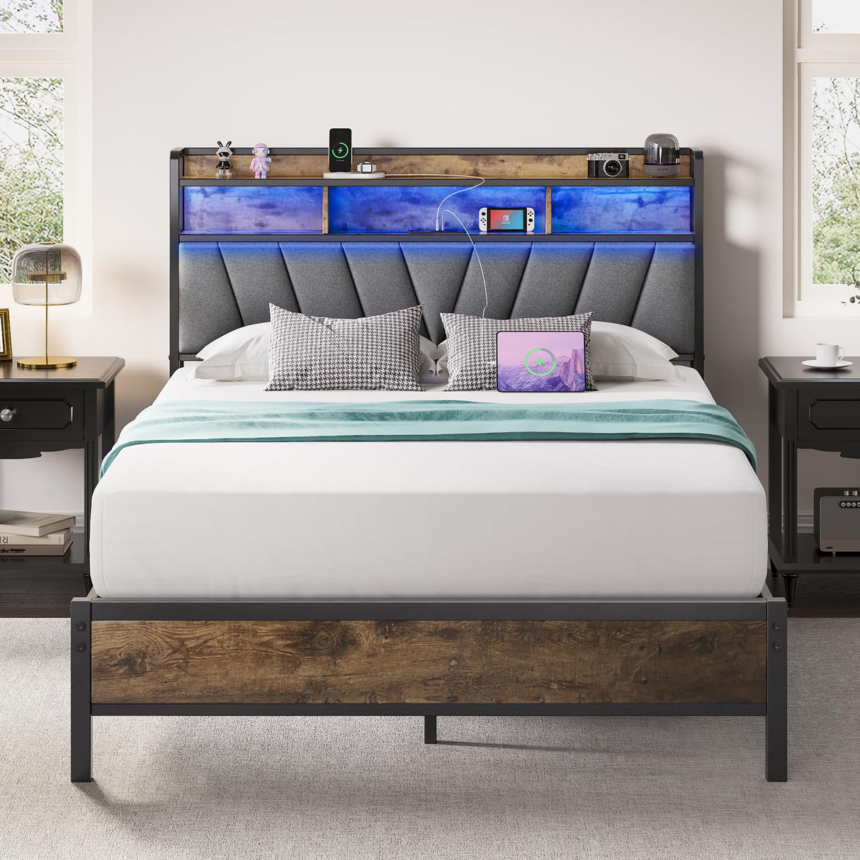 Welzona Full Bed Frames, Metal Bed Frames with Charging Station, LED Lights Bed Frames with Upholstered Storage Headboard, Sturdy and Noise-Free, Storage Space Under Bed, No Box Spring Needed, Brown Welzona