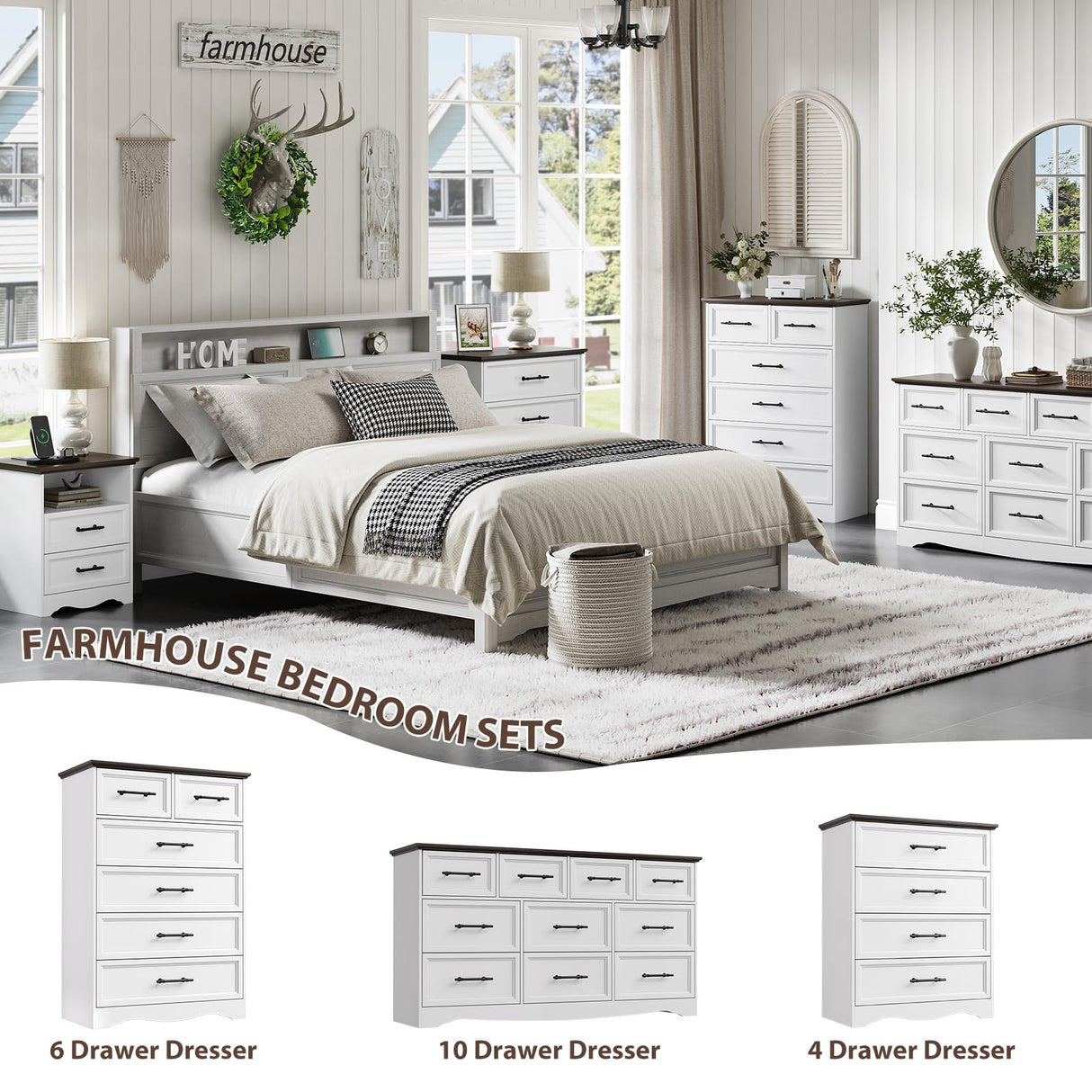 Farmhouse 6 Drawer Dresser, White Wood Chest of Drawers, 44" Tall Bedroom Storage Cabinet with Brushed Metal Handles, Closet Organizer for Bedroom, Living Room, Hallway Harpaq