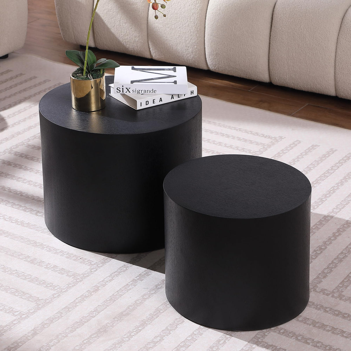 HanStrong Small Coffee Table Nesting End Table Set of 2, Round Coffee Table Wood Side Table Circle Accent Tables for Small Spaces Living Room Bedroom Balcony Office, Black HanStrong
