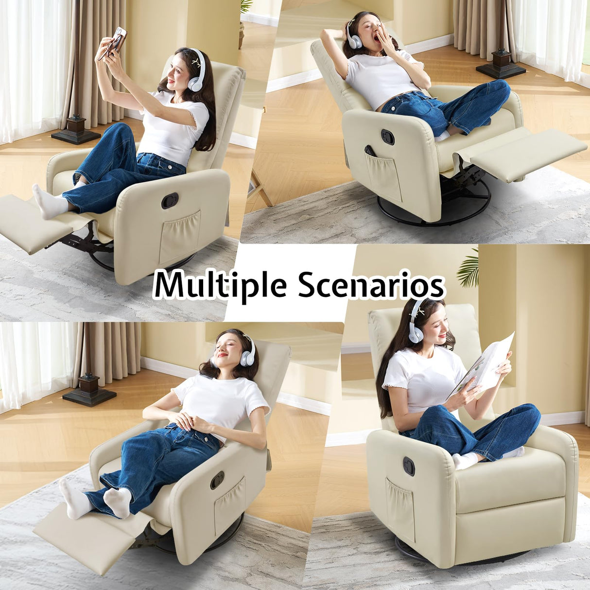 Jocisland Swivel Rocker Recliner Chair for Adults, Nursery Rocking Reclining with High Back, Small Glider for Small Spaces/Living Room/Bedroom/Nursing, Cream Leather Jocisland