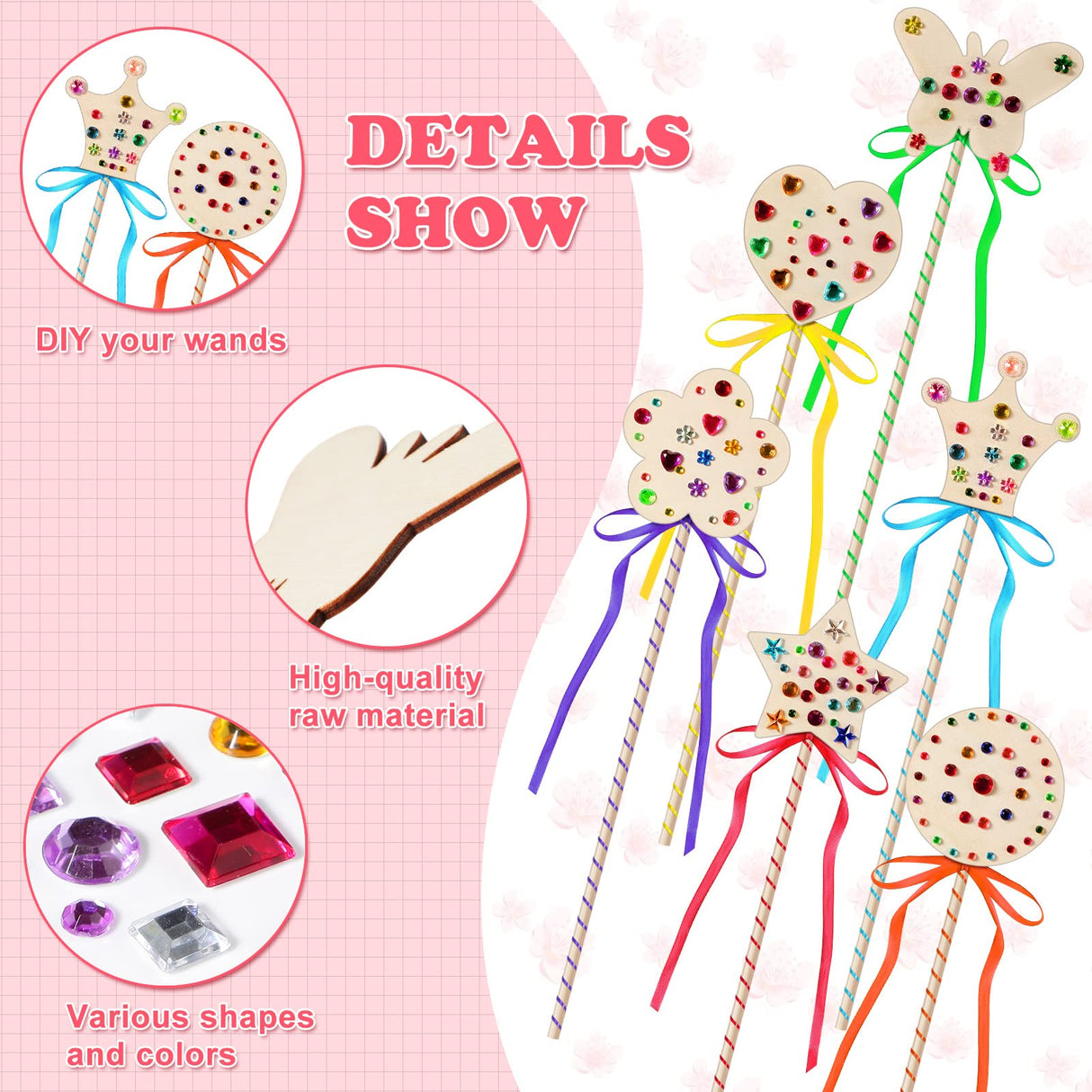 Chumia 42 Pcs Princess Fairy Wands Kit Include 28 Wooden Princess Wand, 6 Gem Stickers, 8 Ribbons, Birthday Party Supplies, Unfinished DIY Moon Butterfly Make Your Own Wand Chumia