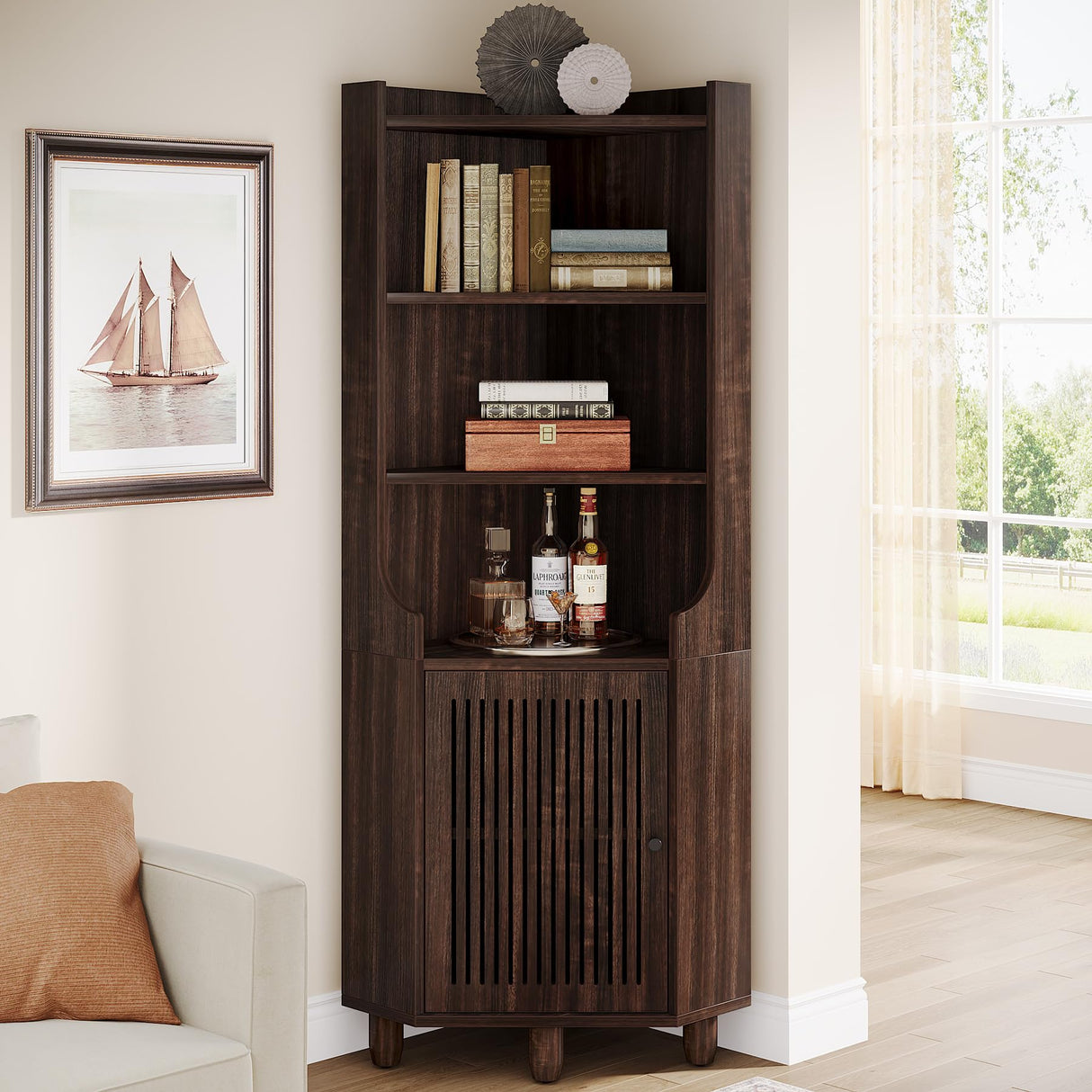 Tribesigns 68-Inch Tall Corner Cabinet, Farmhouse Corner Cabinet with Doors, 6-Tier Storage Cabinet with Removable Shelf for Living Room, Kitchen, Bathroom, Brown Tribesigns