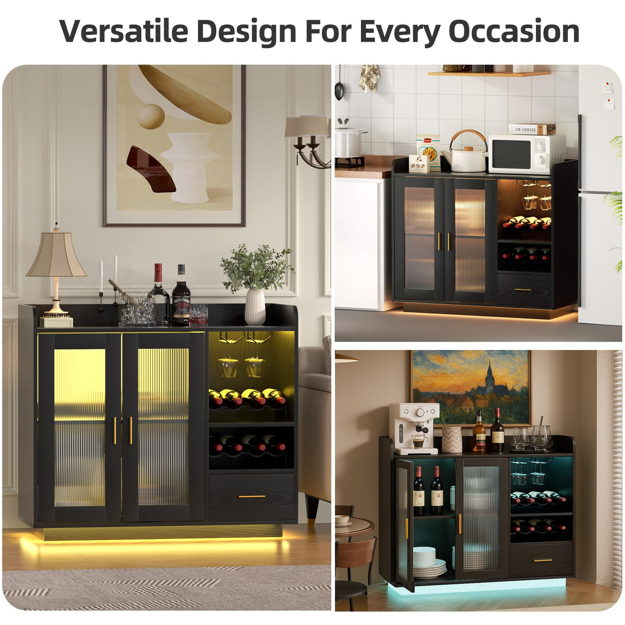 Wine Bar Cabinet with LED Light, Floating Coffee Cabinet with Wine and Glass Rack, Kitchen Buffet Sideboard with Glass Doors and Drawer, Modern Liquor Cabinet for home, Kitchen, Living Room, Black SYESWAY