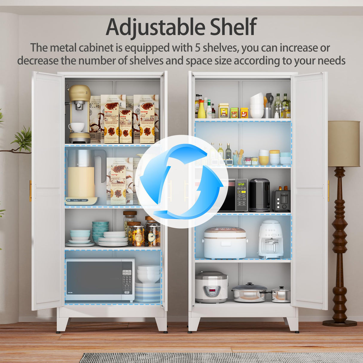 RISTERN White Metal Storage Cabinet,75" Steel File Cabinet for Home Office, Kitchen Pantry Storage Cabinet with Doors and 5 Adjustable Shelves, Tool Cabinet, for Office, Home, Garage, School RISTERN