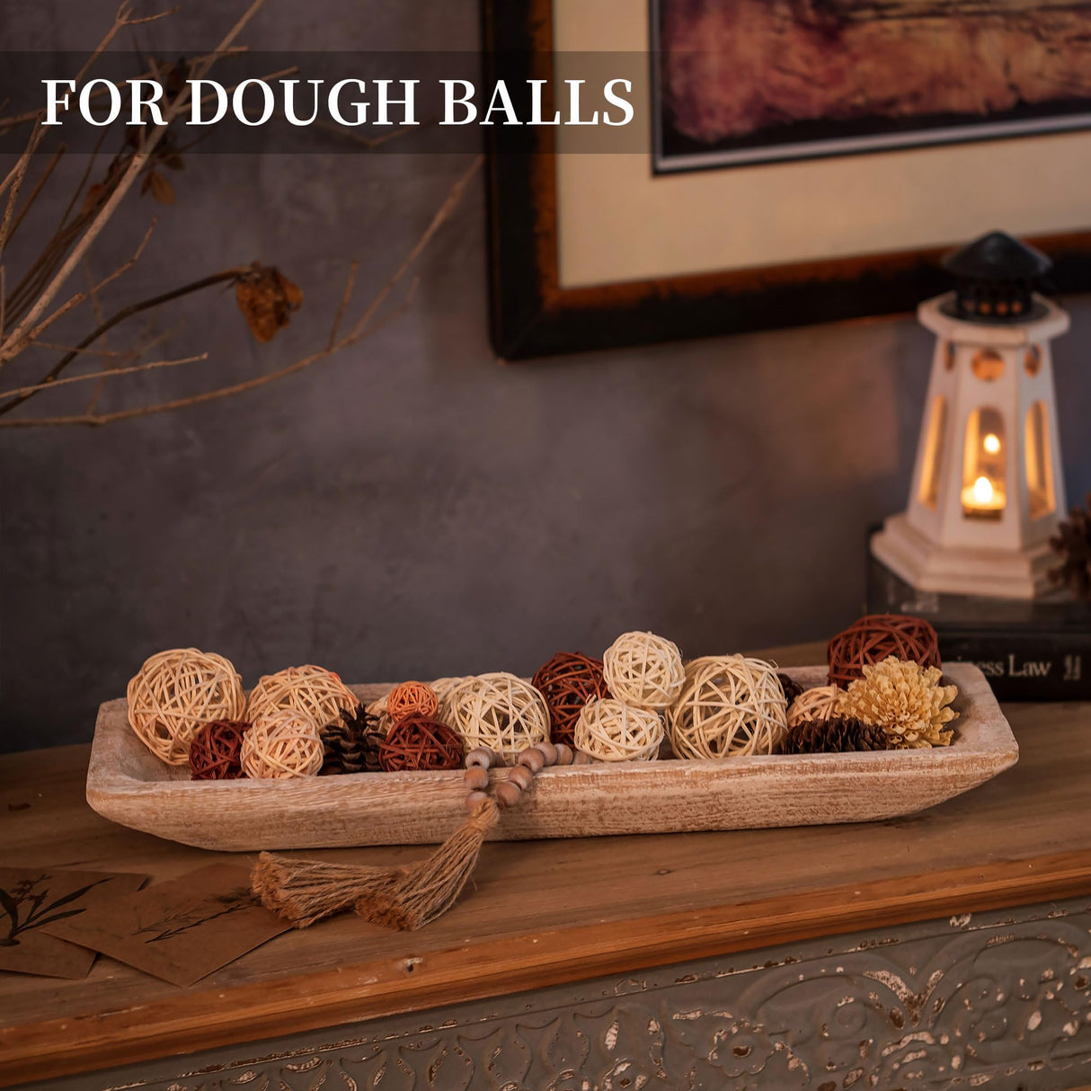 Hanobe Decorative Wood Dough Bowl: Large Long Wooden Centerpiece Table Decorations Natural Candle Holder Tray Decor Rustic Unfinished Centerpieces for Dining Room Kitchen Fruit Bowls, White Hanobe
