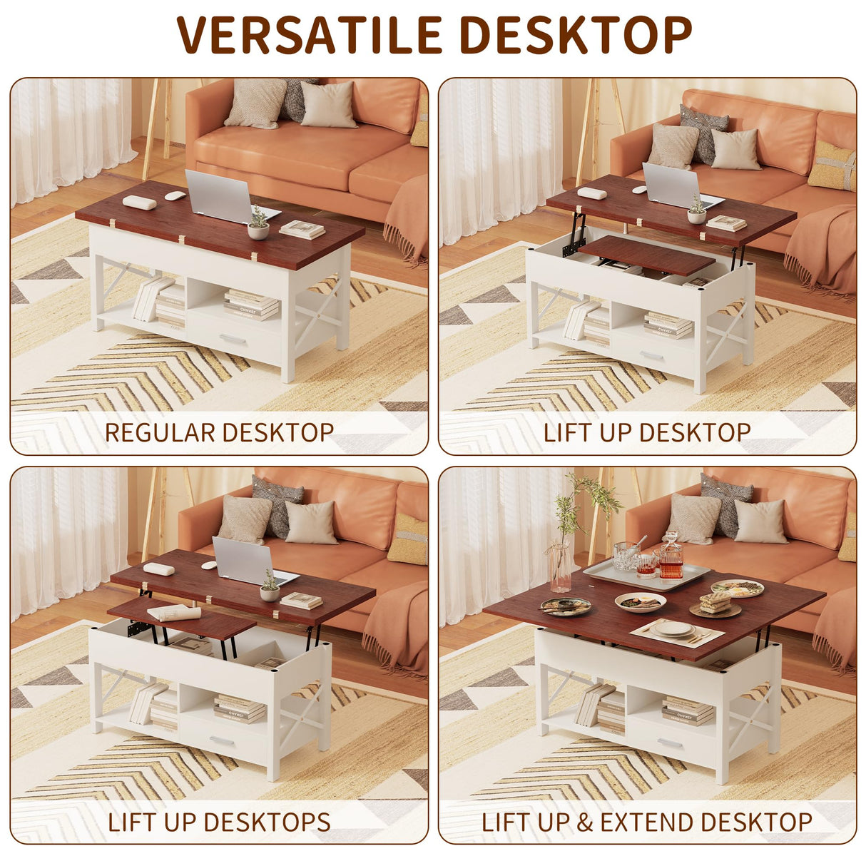 Coffee Table wth Lifting Top, Convertible Lift Top Coffee Table with Storage Drawer and Hidden Compartment, Farmhouse Lift Up Coffee Tables Converts to Dining Table for Living Room, Home Office, White VLOJELRY