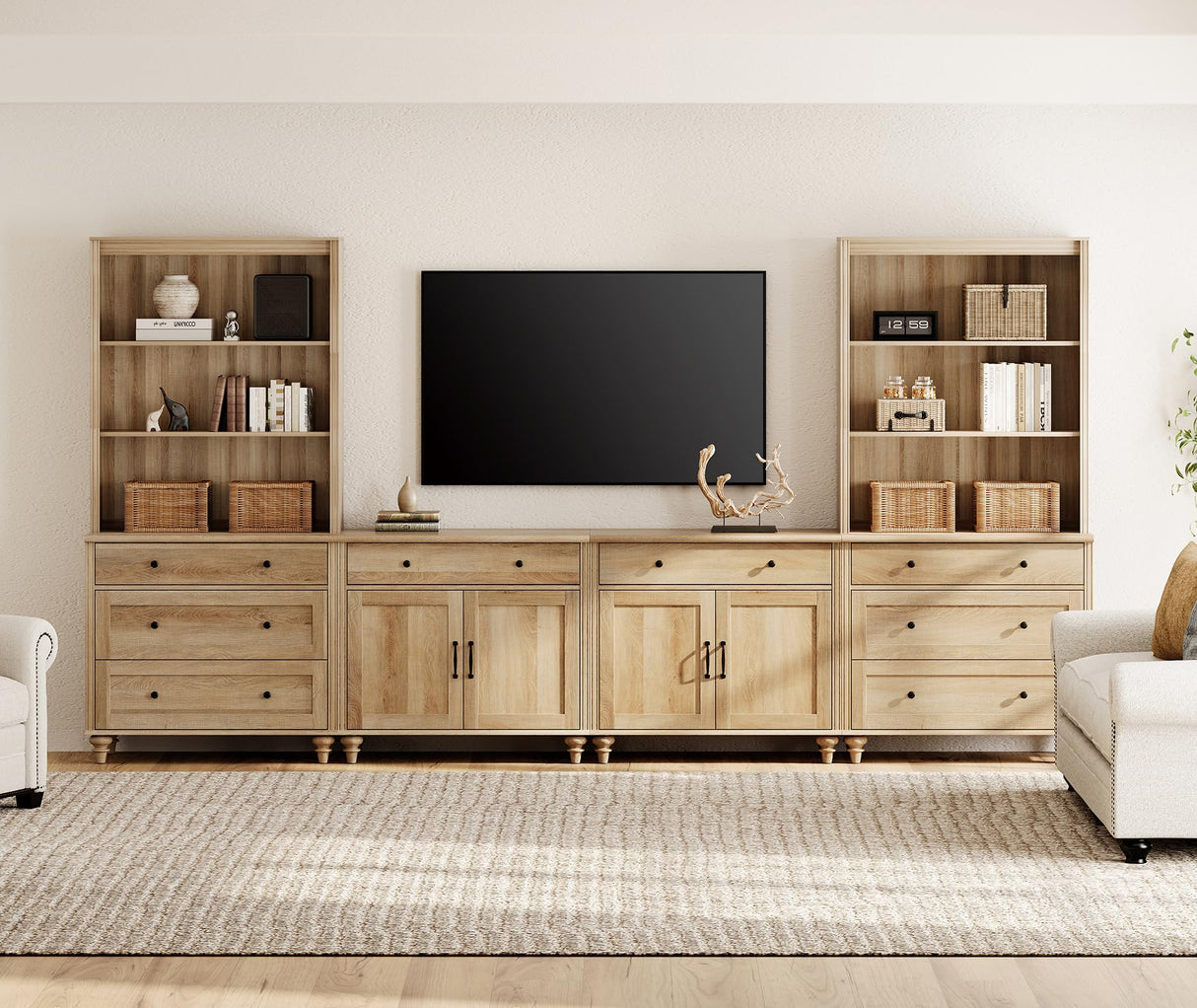 WAMPAT Entertainment Center with Bookshelves for TVs up to 75", Farmhouse Wall Unit TV Stand with Doors & Drawer, Media Console Table for Living Room, Bedroom & Home Theater, Oak WAMPAT