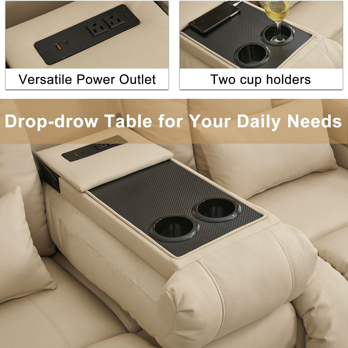 URRED Power Reclining Loveseat Sofa with Console, RV Couch Loveseat Recliner Sofa with Massage & Heat, LED Light, Cupholders, Bluetooth Speakers, USB Charge Ports, Outlets, Leathaire, Beige URRED