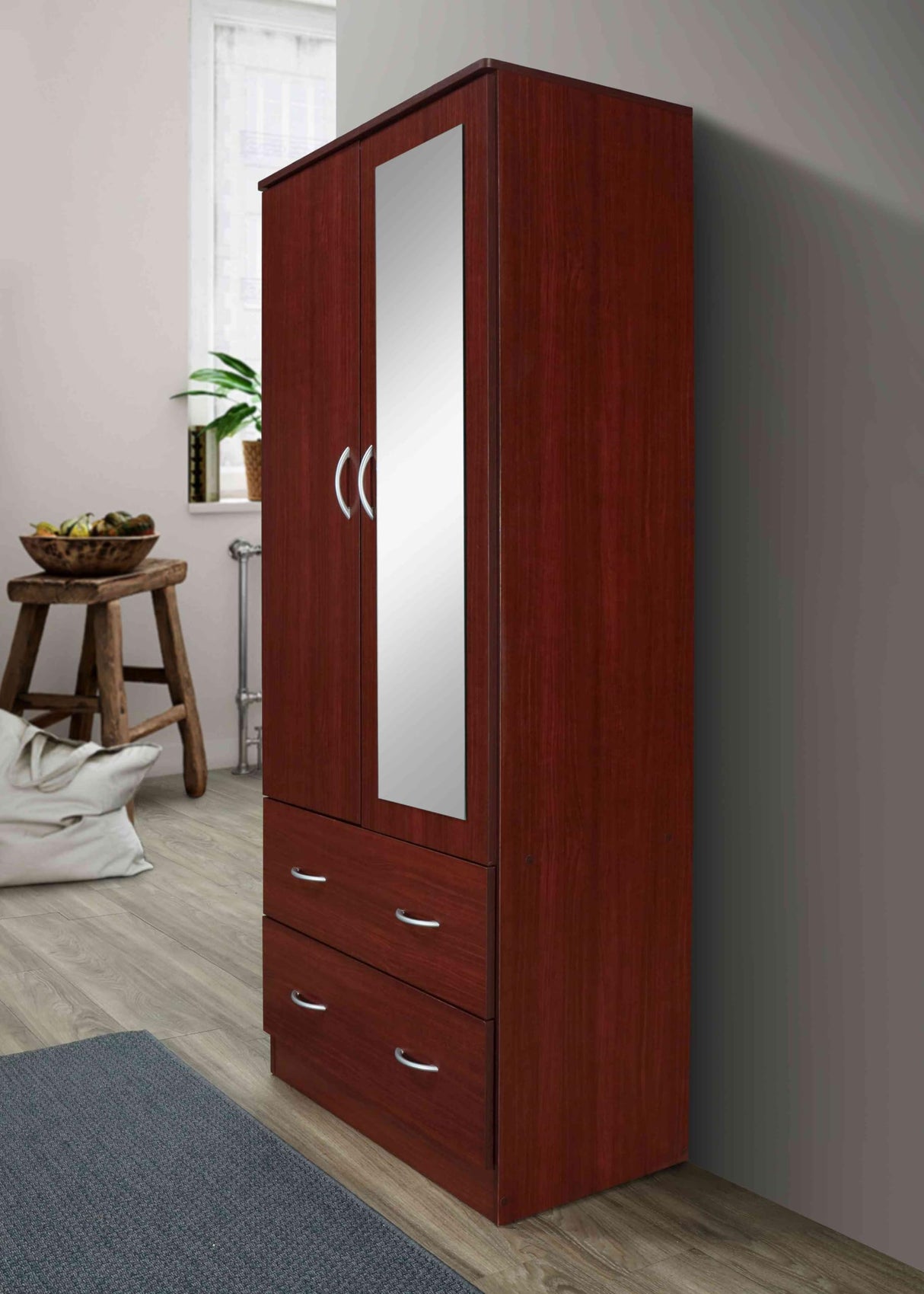 HODEDAH 2 Door Wood Wardrobe Bedroom Closet with Clothing Rod inside Cabinet, 2 Drawers for Storage and Mirror, Mahogany Hodedah