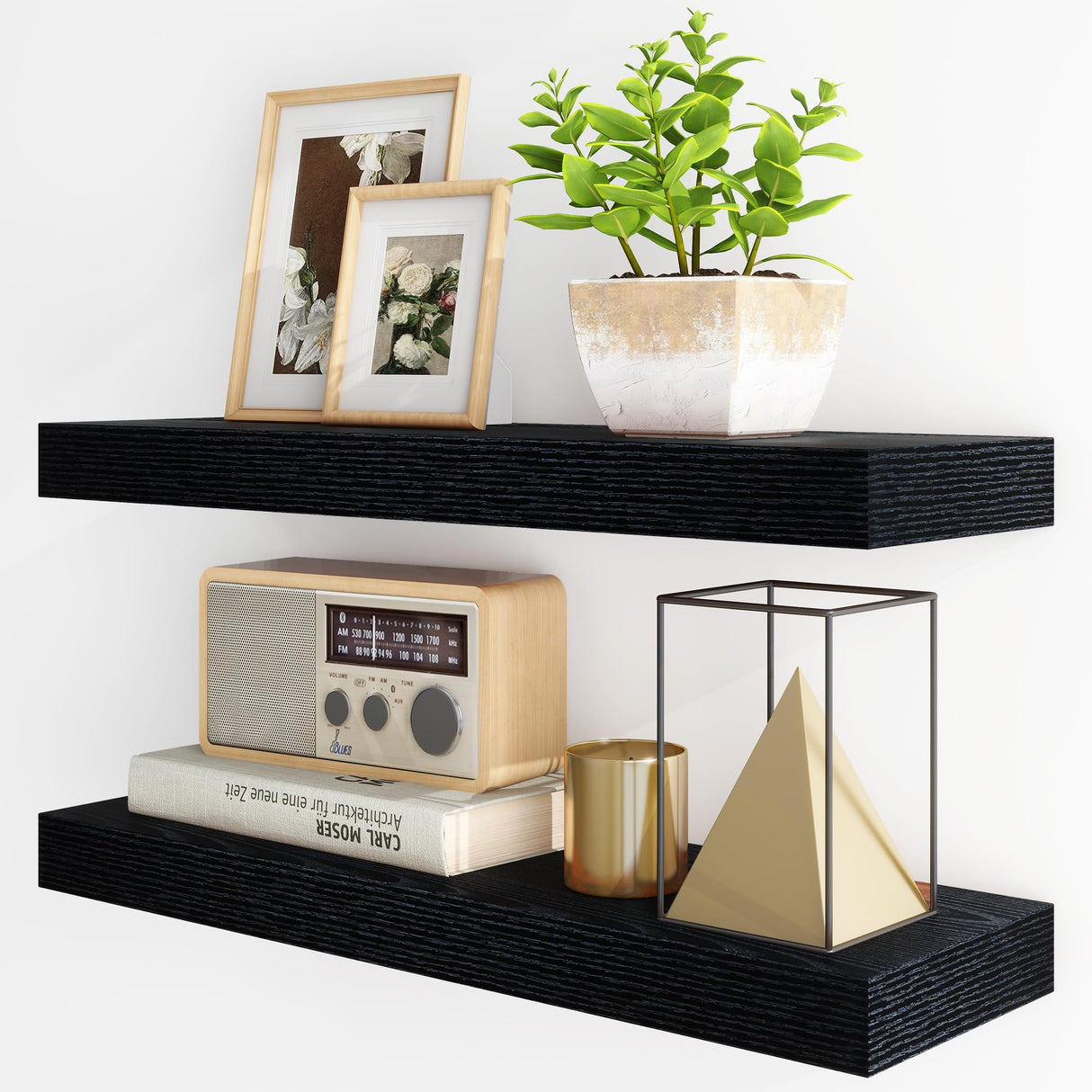 Fun Memories Floating Shelves for Wall, 24Inch Floating Shelves Set of 2, Hanging Shelf with Invisible Brackets, Wood Shelves for Living Room, Bedroom, Kitchen, Black Fun Memories