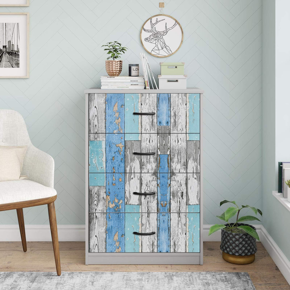 Caltero Wood Plank Wallpaper 17.7" × 236" Blue Distressed Wood Wallpaper Peel and Stick Wood Grain Contact Paper Vintage for Furniture Bedroom Countertop Cabinet Caltero