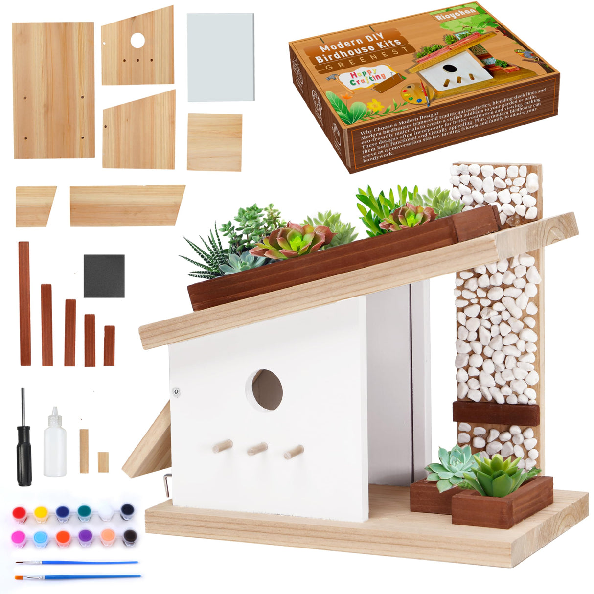 Modern Birdhouse Woodworking Kit, Build Your Own DIY Bird House Kit for Kids and Adults, DIY Woodcraft Building Projects with Paint Set Rioychan