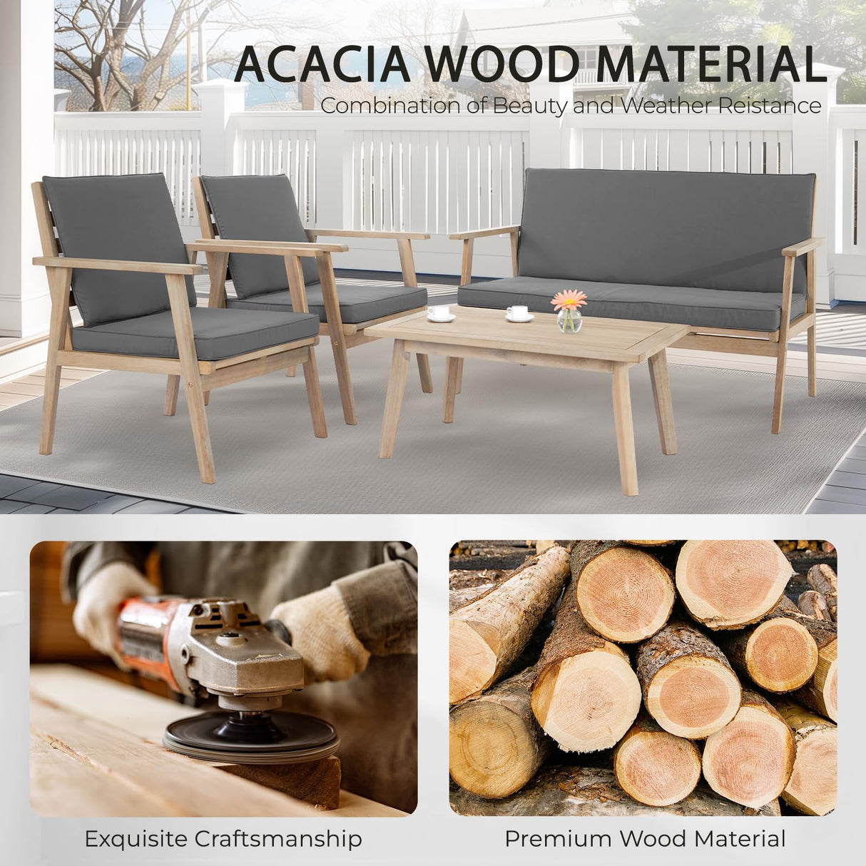 VINGLI Outdoor Patio Furniture, 4 Piece Acacia Wood Sofa Set w/Coffee Table, Patio Table and Chairs Set for Deck, Balcony, Backyard (Light Natural) VINGLI