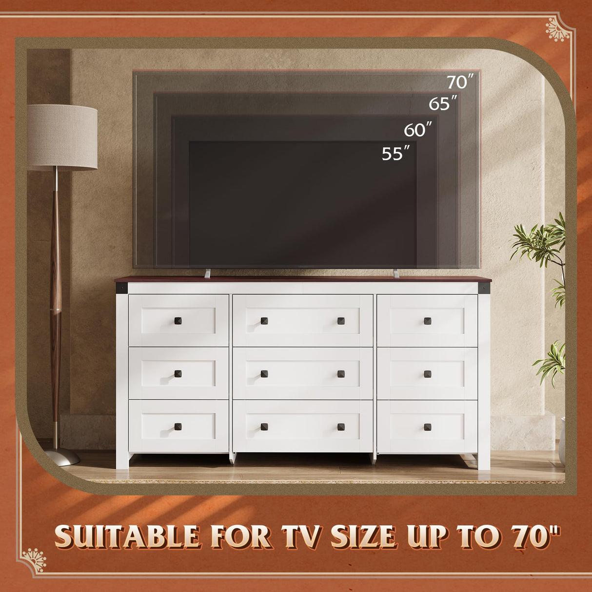 WLIVE Farmhouse Dresser for Bedroom, 63" Wide 9 Drawer Dresser Storage Organizer, Wood Chest of Drawers for Bedroom, TV Stand for 70 inch TV, for Living Room, Hallway, Ball Bearing Slide (White) WLIVE