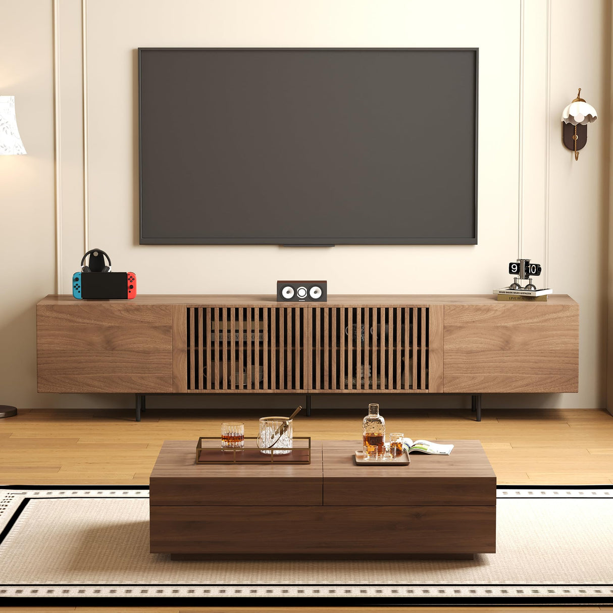 NessCarsti Mid-Century Modern TV Stand & Expandable Coffee Table Set, Walnut Finish, Stylish Storage Combo for Living Room or Bedroom (94.48“TV Stand+Coffee Table) NessCarsti