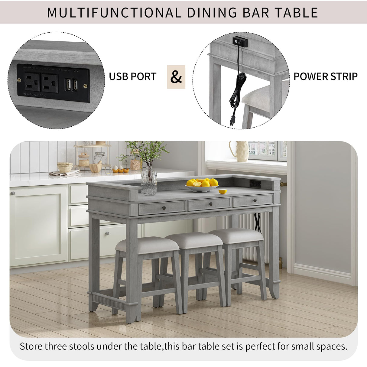 Merax Rustic 4-Piece Bar Table Set with Stools, Storage Drawers, USB Port & Power Strip - Gray & Beige Merax