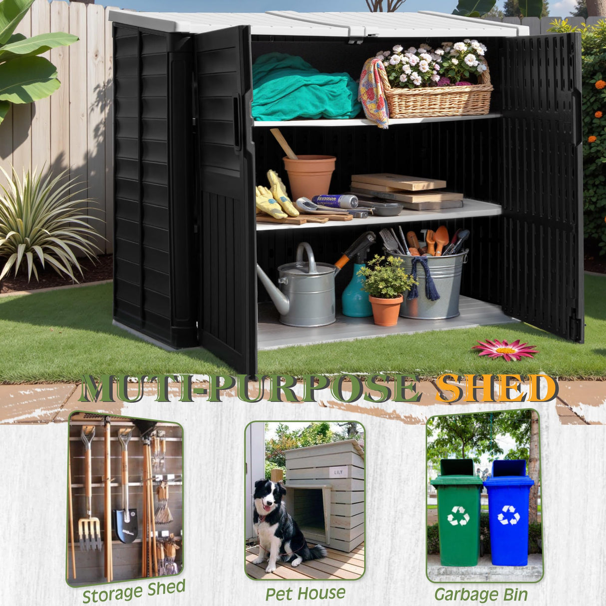 Greesum Outdoor Resin Storage Shed, 34 Cu.ft Horizontal Outdoor Storage Box Waterproof for Garden, Pool Storage, Black Greesum