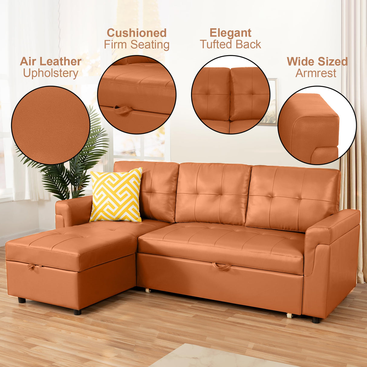 Naomi Home Transform Any Space: Sleeper Sectional Sofa with Convertible Sofa Bed & Inviting Chaise. Find Tranquil Comfort with Stress-Relieving Design & Durable Cushions - Caramel,Air Leather Naomi Home