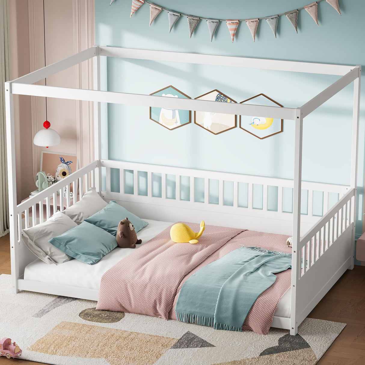 Full Size Canopy Bed Frame with 4 Posters and Guardrails, Full Size Montessori Floor Bed with High Fence, White Montessori Bed Bellemave