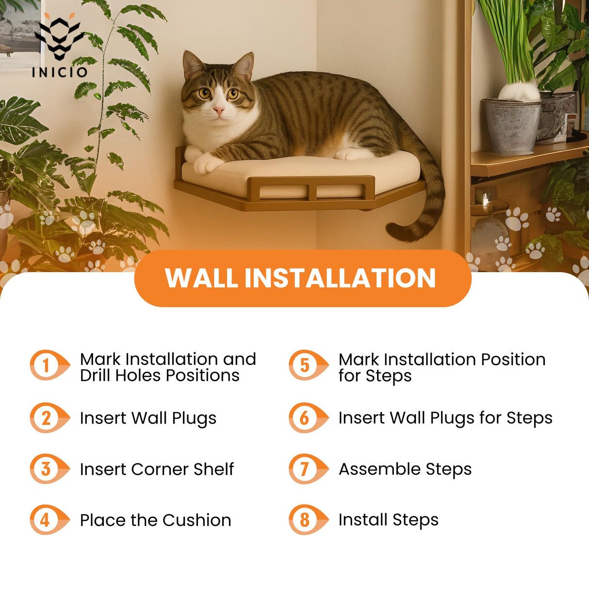 INICIO Cat Wall Shelves - Modern and Durable 3 Step Cat Furniture for Wall - Stylish Birch Floating Shelf for Cats up to 17lbs - Wooden Corner Shelves with Cushioned Perch - Brown INICIO