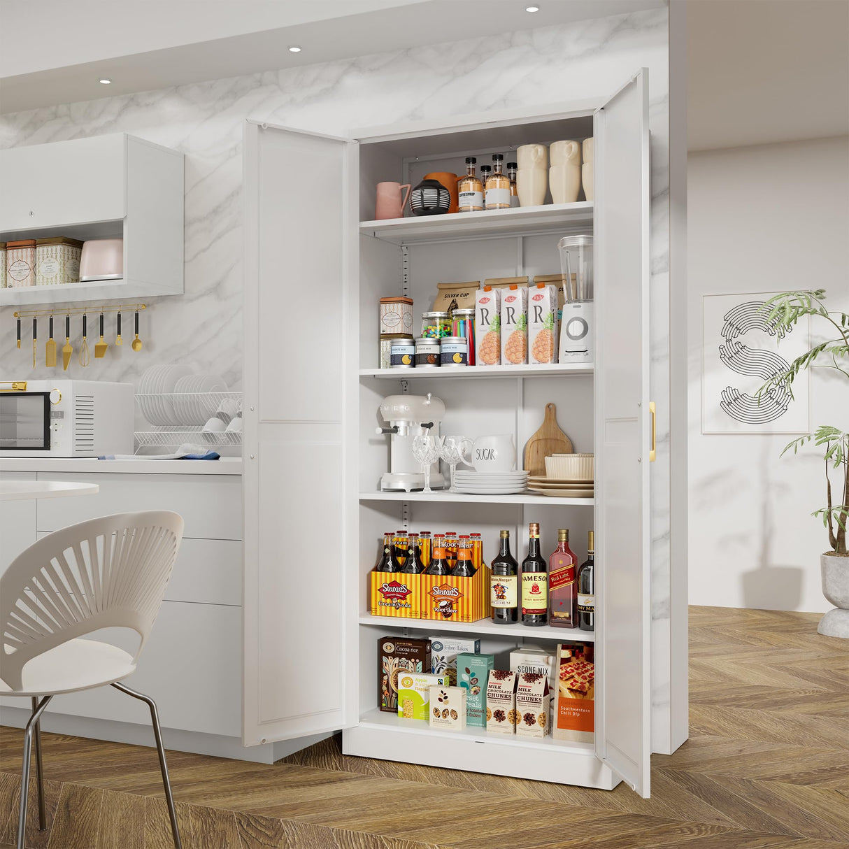 71" Tall Metal Storage Cabinet with Adjustable Shelves, Kitchen Pantry Storage Cabinet with Gold Handles, Heavy Duty Steel Cabinets, White Pantry Cabinet for Dining Room, Kitchen - Assembly Required MetalMax